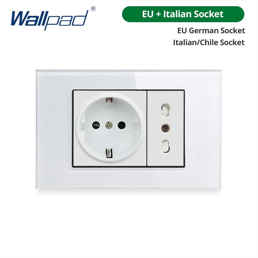 Wallpad Panel de vidrio templado blanco interruptor de luz de pared UE Reino Unido italiano Chile enchufe botón basculante 118*75mm 16A AC110-250V