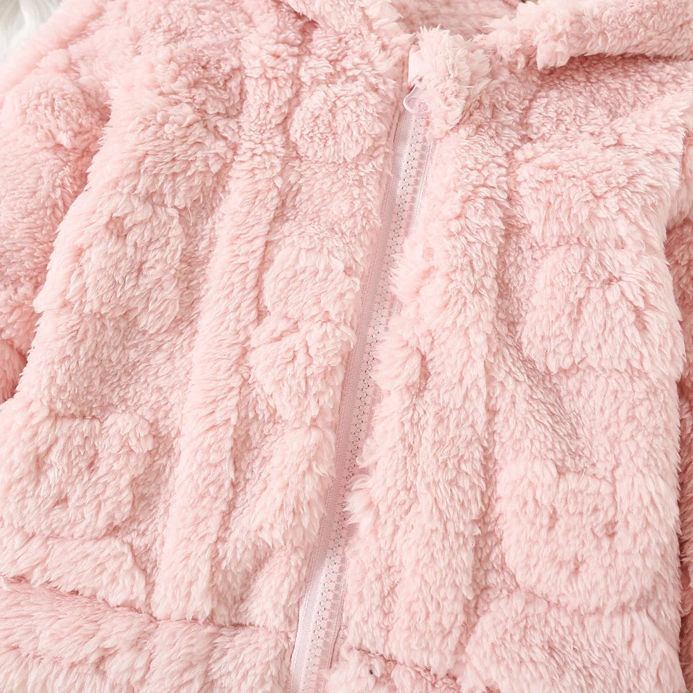 Chaqueta de lana rosa de princesa para niña con patrón de amor, abrigo cálido para niño pequeño, prendas de vestir con capucha, ropa de invierno para bebé