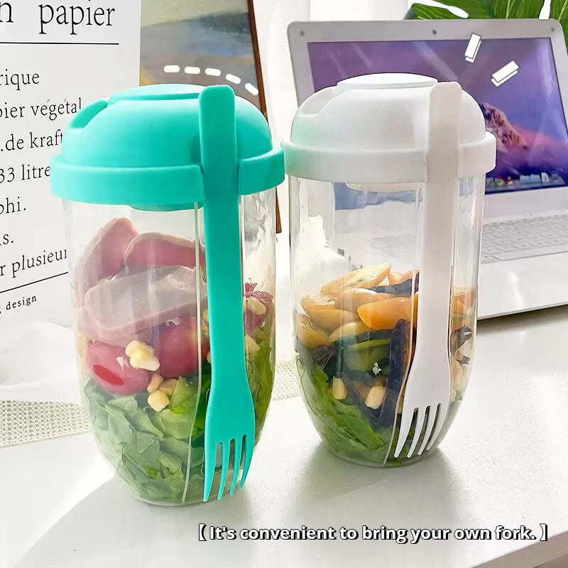 Botella portátil blanca/verde, recipiente para ensalada, ensaladera Bento en forma de botella para fiambrera con tenedor, ensaladera, 1 ud.
