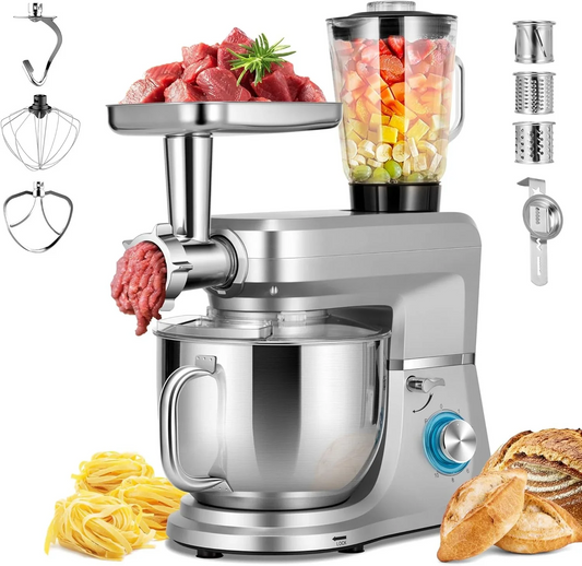 Batidora de pie 6 en 1, batidora de cocina de 8.5 Qt con cabezal inclinable, picadora de carne, licuadora, máquina para hacer pasta, para pasteles, pan y masa, color plateado