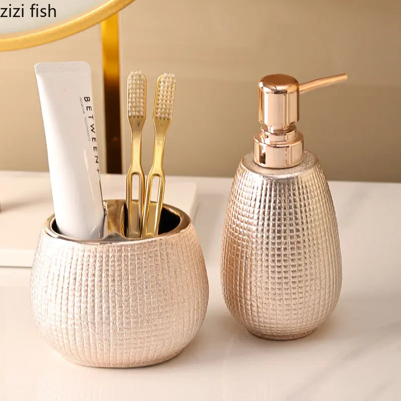 Botella de loción de cerámica de oro rosa, taza de enjuague bucal, soporte para cepillo de dientes, juego de accesorios de baño para el hogar, champú, botella de lavado corporal, jabonera