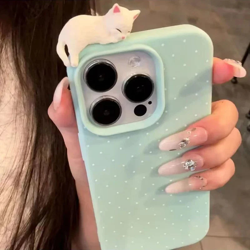 Funda de teléfono coreana con diseño de lunares para iPhone 17 Pro Max 16 15 14 Plus 13 12 11 X XR XS Max 16E 17Air, funda de gato de dibujos animados 3D