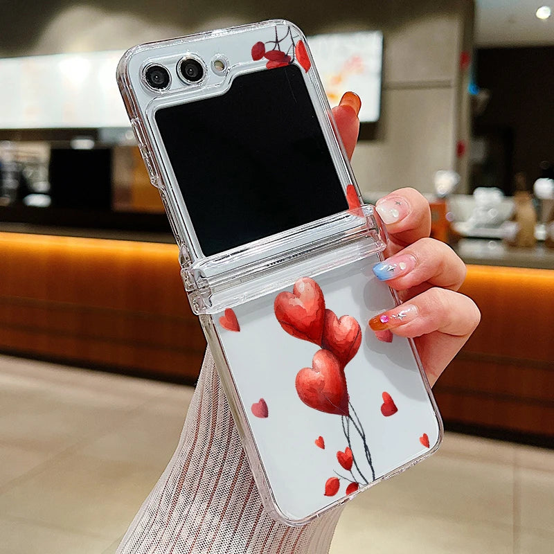 Funda de teléfono transparente con diseño de flor de amor para Samsung Galaxy Z Flip7 FE Flip 7 6 5 4 3 5G Flip5 Flip6, funda dura para PC a prueba de golpes