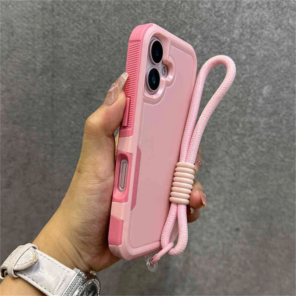 Armadura de parachoques híbrida de lujo, pulsera, correa para muñeca, cordón, funda de teléfono para iPhone 17 16 11 12 13 14 15 Pro Max XR, funda a prueba de golpes