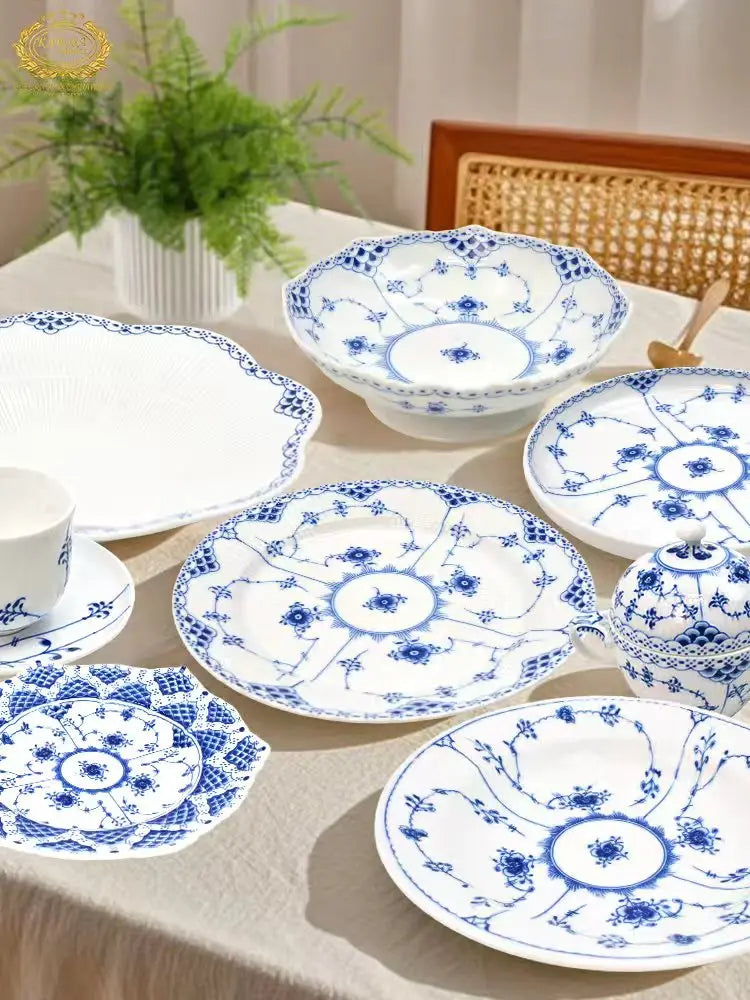 Juego de vajilla de porcelana blanca de Jingdezhen con diseño de hierba Tang azul y blanca, plato llano para uso doméstico, t...