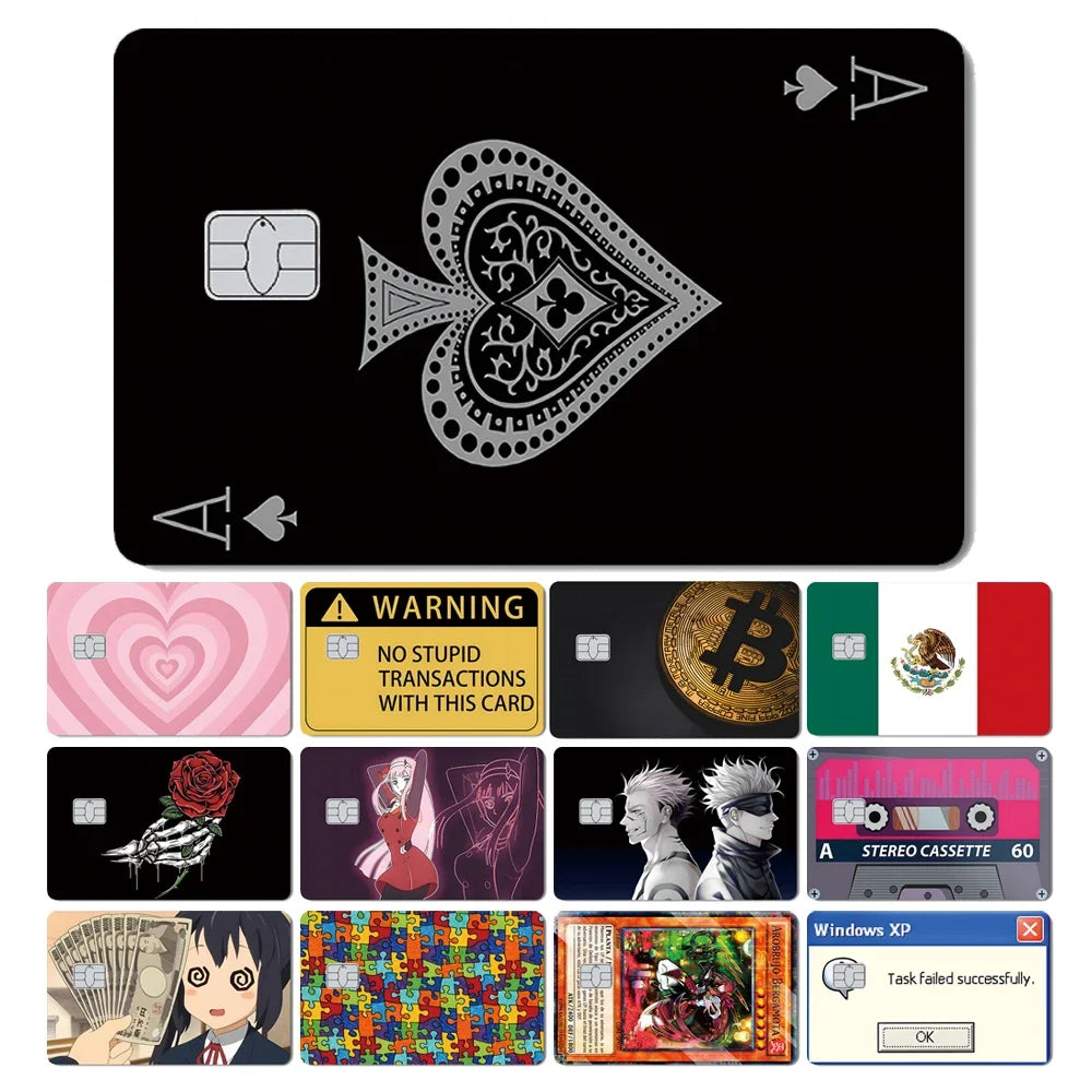 Tiburón mágico dinero dólar Bitcoin Anime yo-gi-oh calavera corazón cubierta pegatina película piel para tarjeta de crédito de débito lado frontal