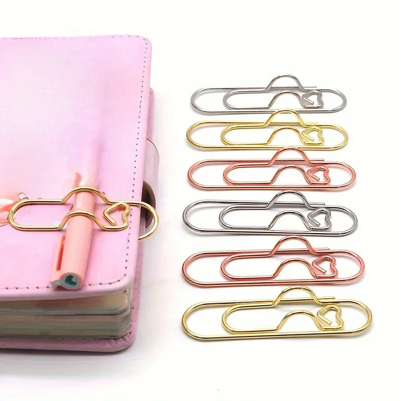 Clip multifuncional para bolígrafo con diseño de amor, 4 unidades, clip de papel portátil con botón para colgar, accesorios de papelería para cuadernos