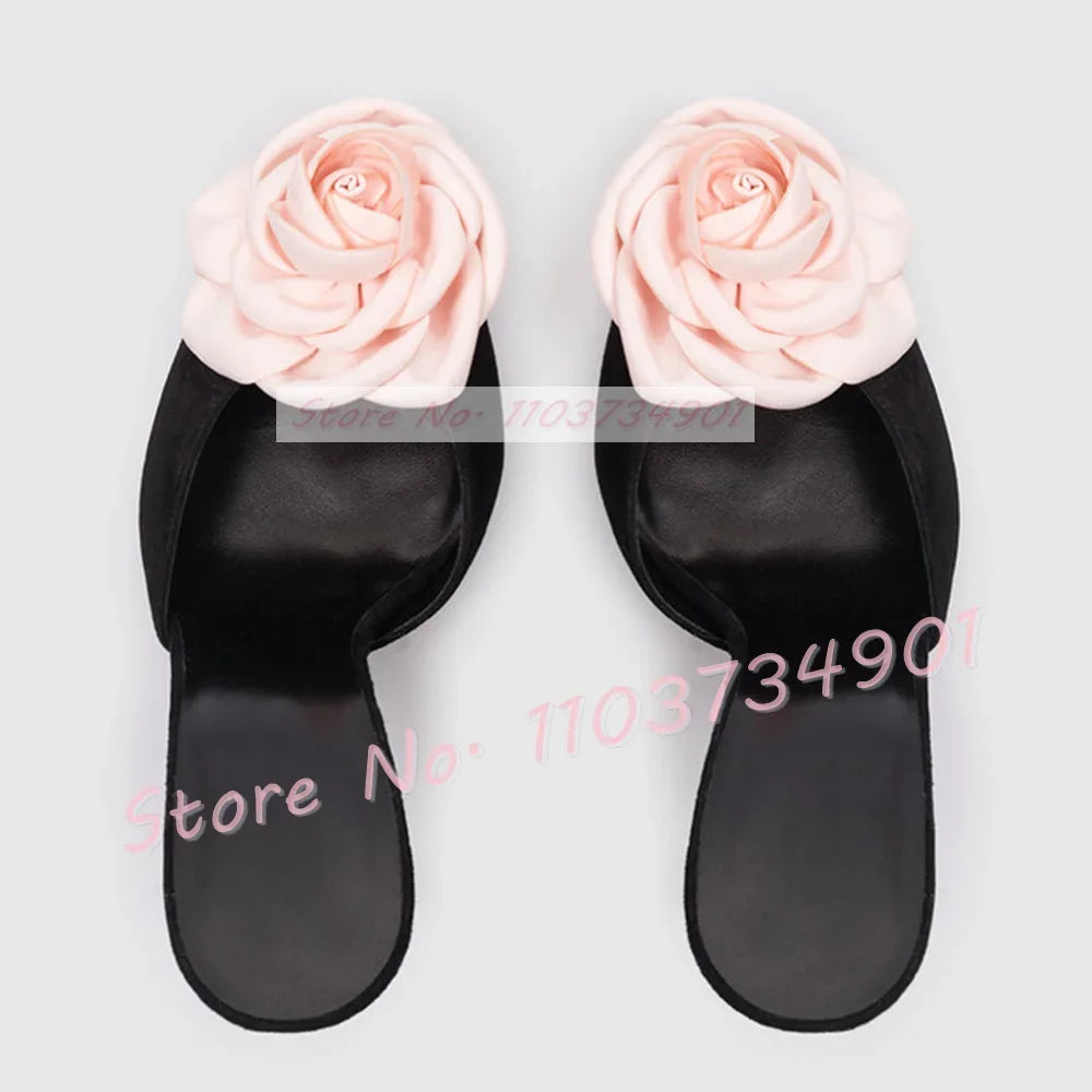 Mules de tacón alto fino de satén para mujer, zapatos aterciopelados con apliques florales, color rosa y rosa, elegantes y negros