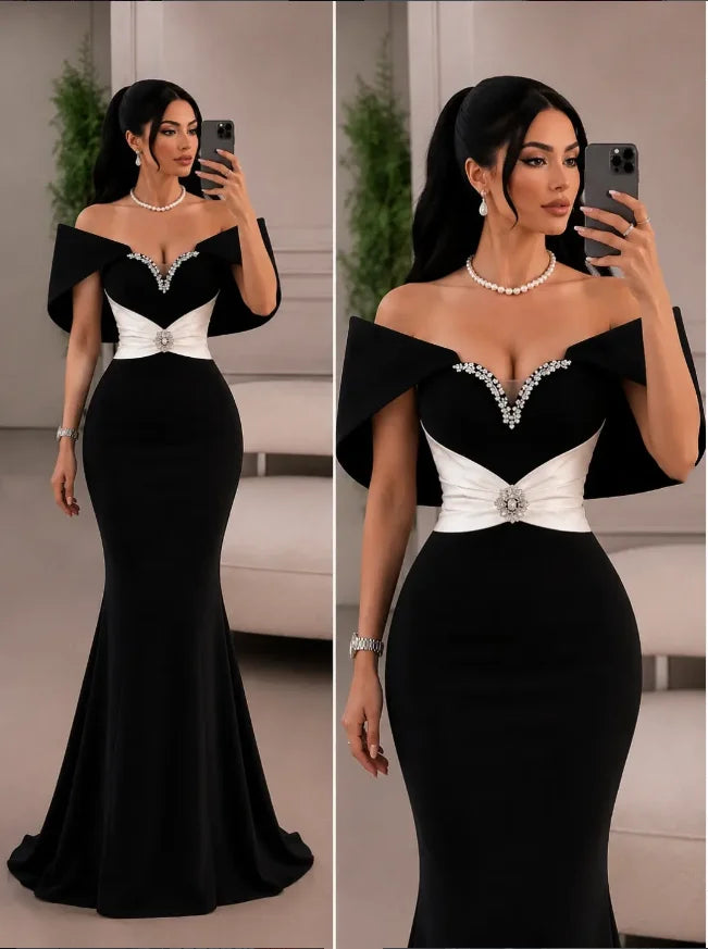 Elegante Vestido de Noche con Hombros Descubiertos y Pedrería, Vestidos de Fiesta Largos hasta el Suelo, Vestidos de Noche Personalizados