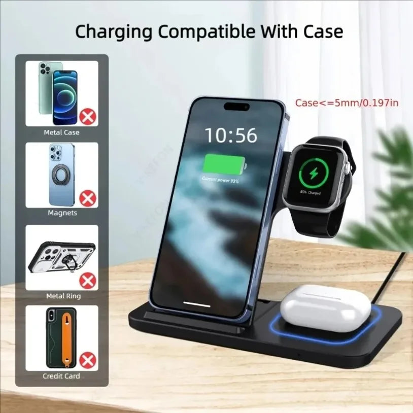 VIKEFON Estación de Carga Inalámbrica Plegable 3 en 1 para iPhone 17-12 Pro Max, iWatch Ultra y Airpods Pro, Base de Carga Rápida