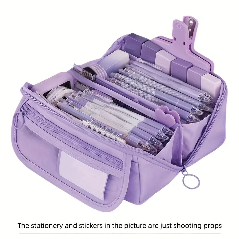 Estuche organizador para lápices de gran capacidad: almacenamiento de escritorio con múltiples compartimentos para material escolar y de oficina (rosa/púrpura/negro)