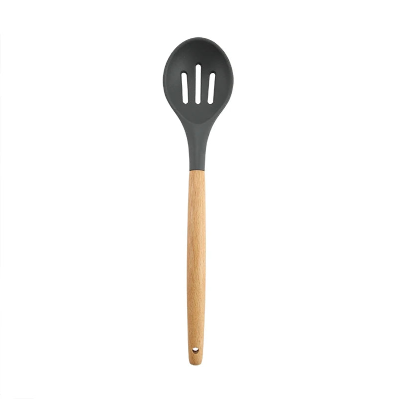 Juego de utensilios de cocina de silicona resistentes a altas temperaturas, pala con mango de madera, cuchara con fugas, herramienta, utensilio de cocina, accesorios para hornear