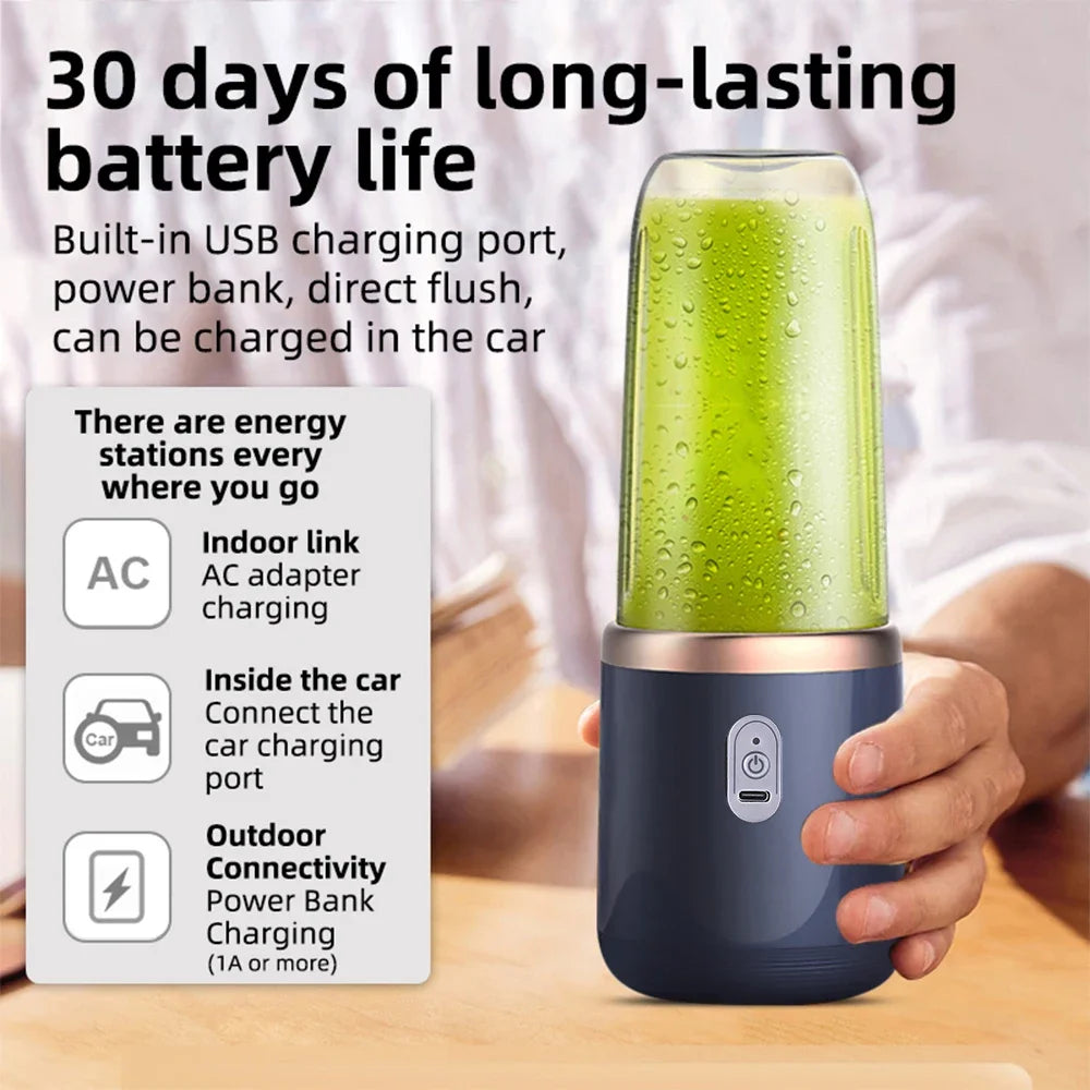 Licuadora Eléctrica Portátil de 400 ml, 2 Tazas, Mini Licuadora Multifuncional Inalámbrica para el Hogar, Recargable por USB, Vaso Mezclador Pequeño
