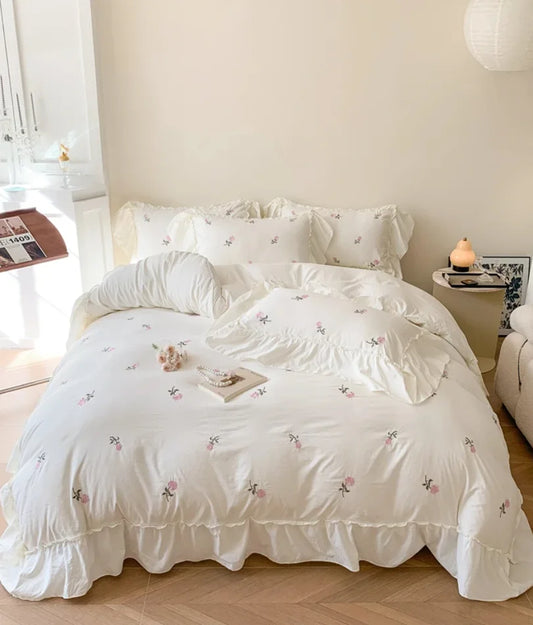 Juego de funda nórdica bordada con rosas de 3 piezas (1 funda nórdica + 2 fundas de almohada, sin núcleo), juego de cama de encaje estilo princesa