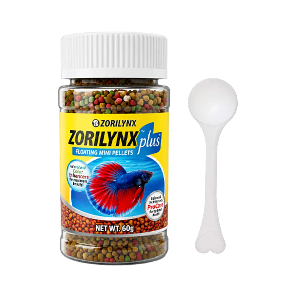Alimento en Pellets para Peces con Anillo Flotante Cuadrado, Set para Betta y Peces Dorados, Potenciador de Color Nutritivo, Combo ZORILYNX Plus X2