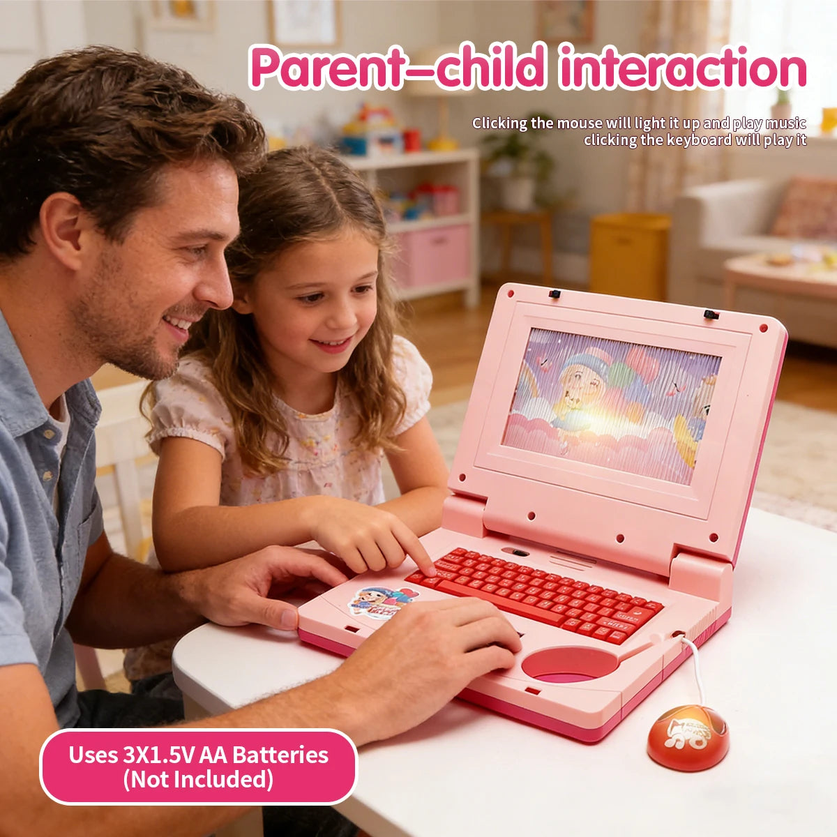 Juguete de Computadora Portátil Rosa para Niños – Computadora Educativa Interactiva con Música, Luces y Ratón para el Desarrollo Temprano