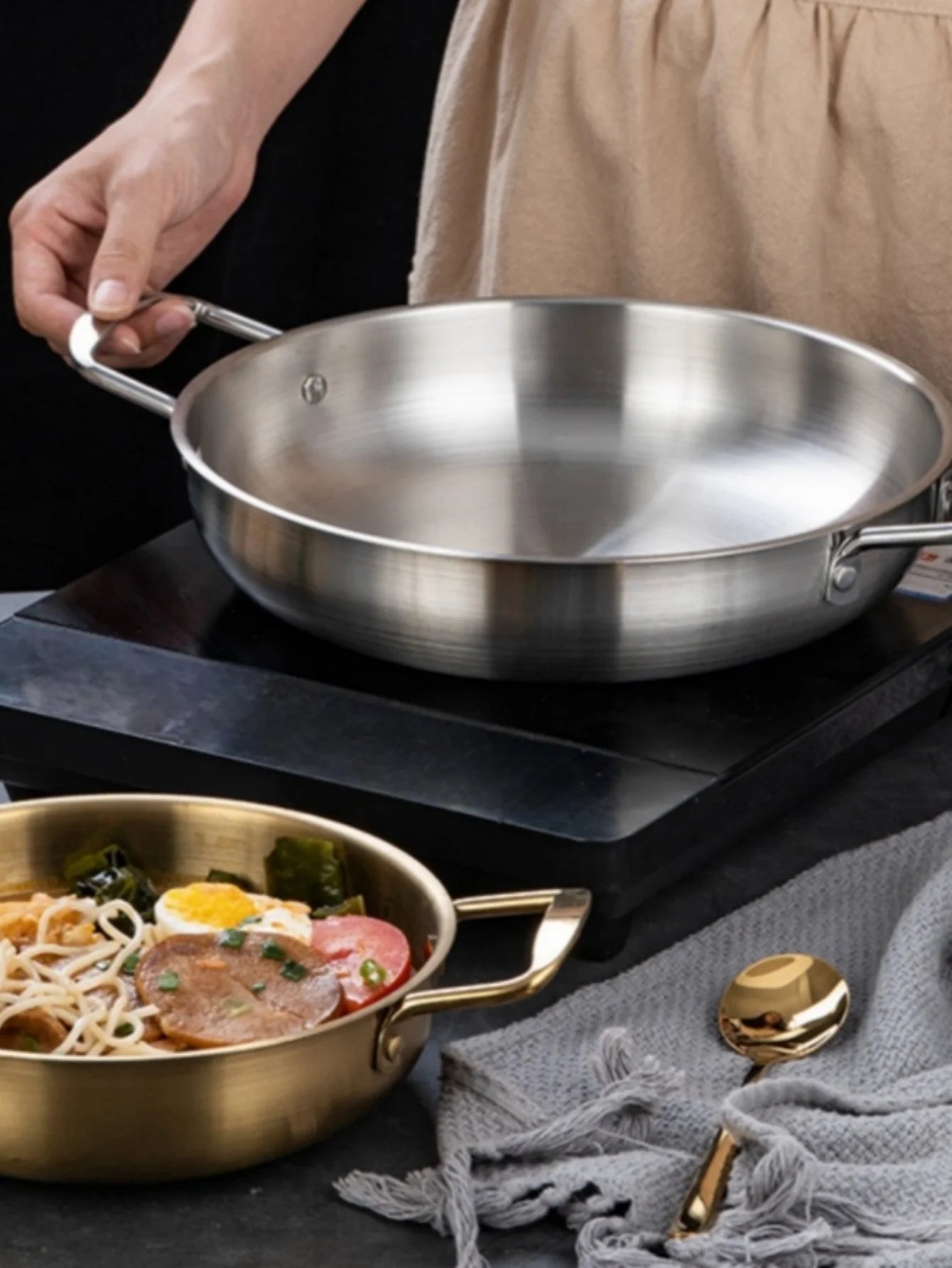 Utensilios de cocina de acero inoxidable, cacerola, ollas secas con mango, cocina casera, cacerola de Paella, olla de arroz para mariscos, platos para aperitivos de Picnic