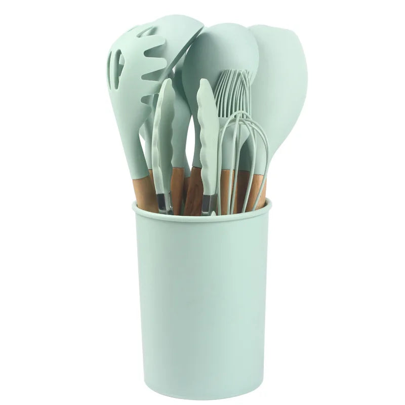 Juego de 12 utensilios de cocina de silicona con mango de madera, espátula antiadherente, cuchara para sopa y freír