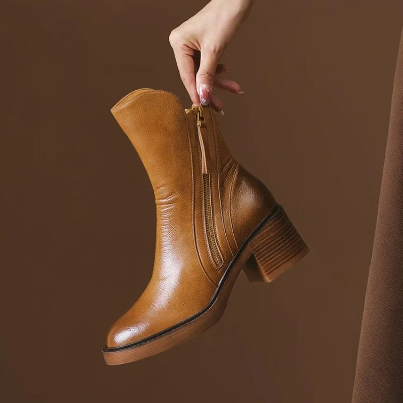 Botines de tacón alto para mujer, botas cortas de cuero con punta redonda, botas de tacón grueso, botines con cremallera lateral, tacón de plataforma para mujer