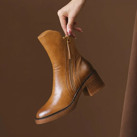 Botines de tacón alto para mujer, botas cortas de cuero con punta redonda, botas de tacón grueso, botines con cremallera lateral, tacón de plataforma para mujer