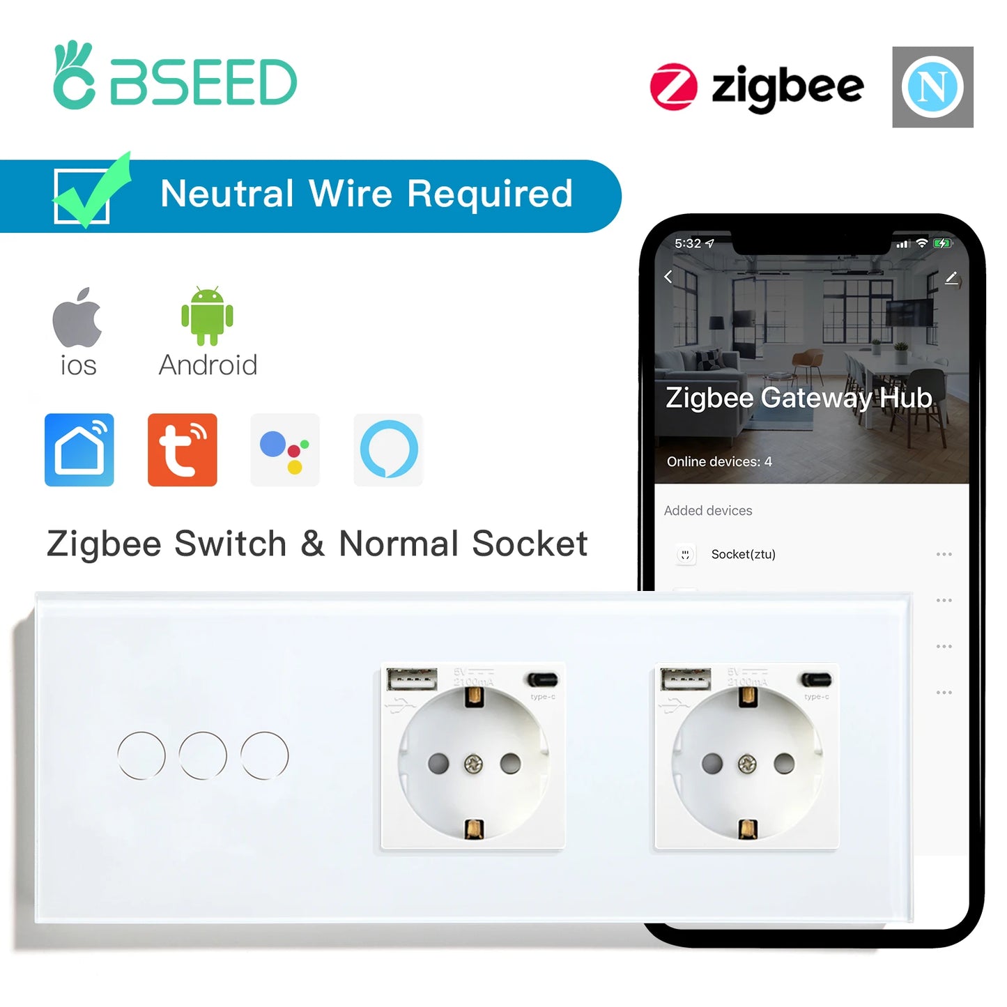 Interruptores BSEED Zigbee, interruptor de luz inteligente de 1/2/3 entradas, enchufes de pared normales de la UE, interruptores táctiles multicontrol, aplicación Tuya Smart Life Alexa