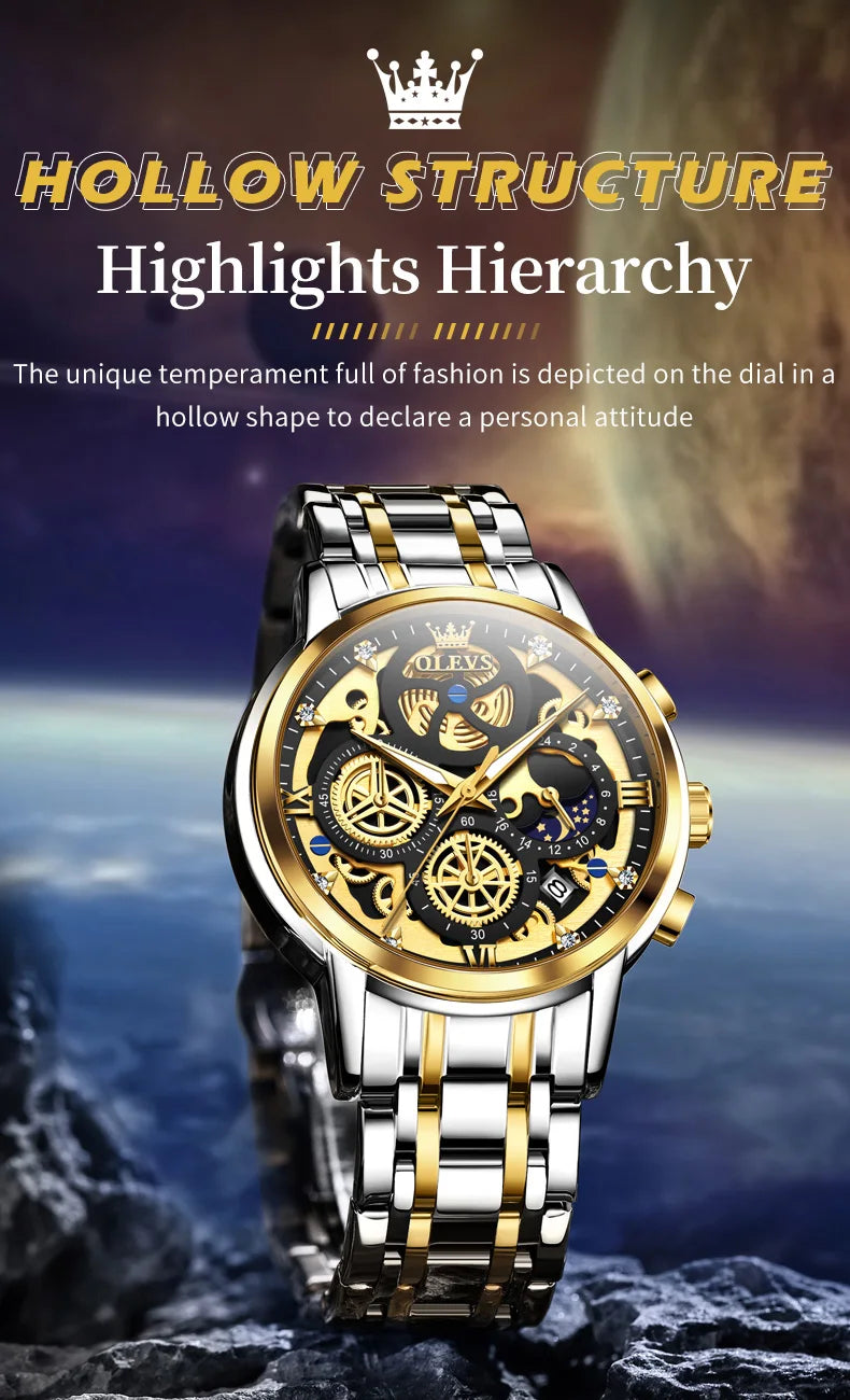 Relojes OLEVS para hombre, marca superior, reloj de cuarzo Original resistente al agua de lujo para hombre, estilo esqueleto dorado, 24 horas de día y noche, nuevo