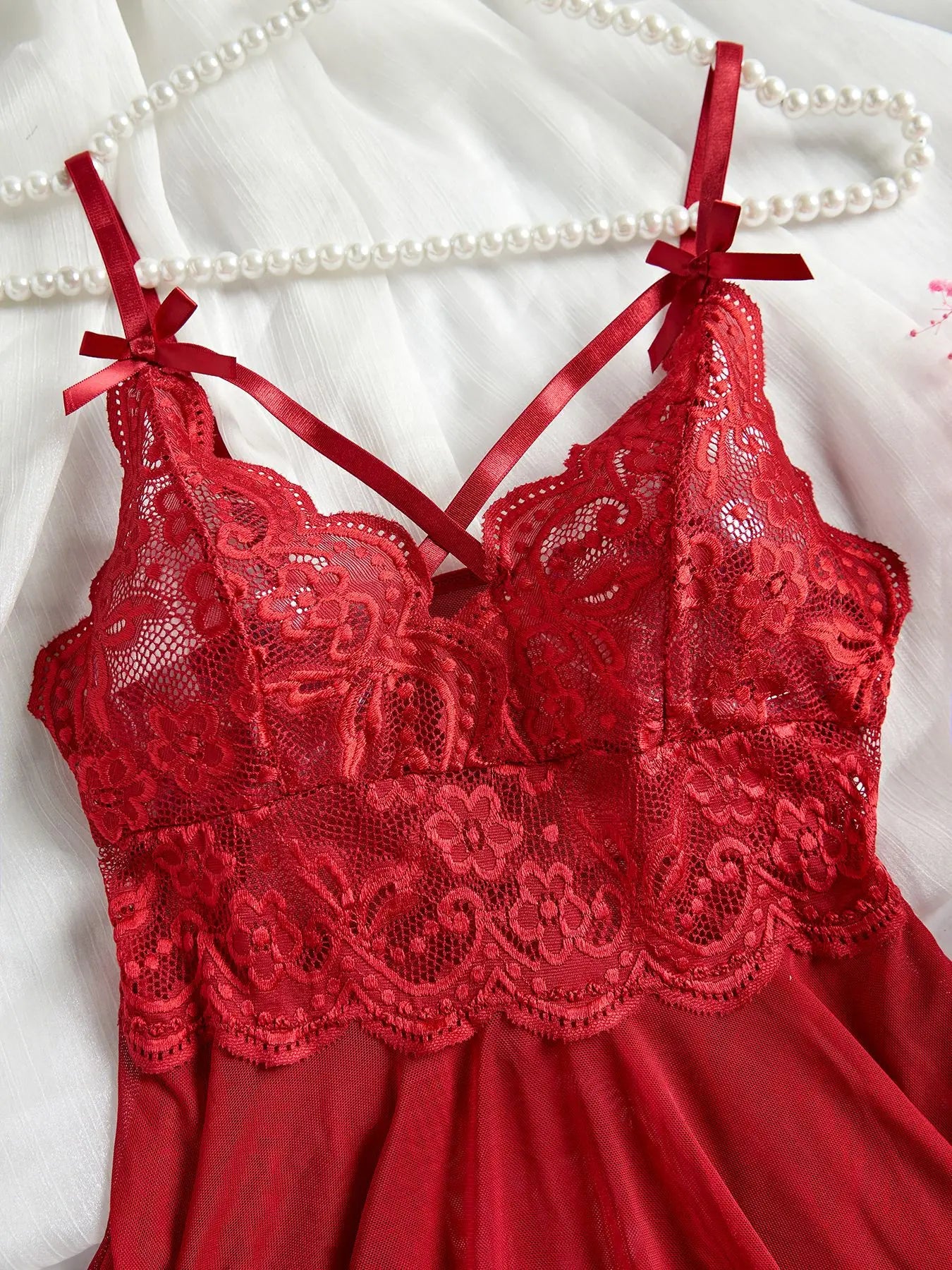 Lencería Sexy roja transparente, ropa interior para mujer, ropa de dormir transparente, camisón de encaje y bragas, conjuntos de Pijamas, camisón Sexy para mujer