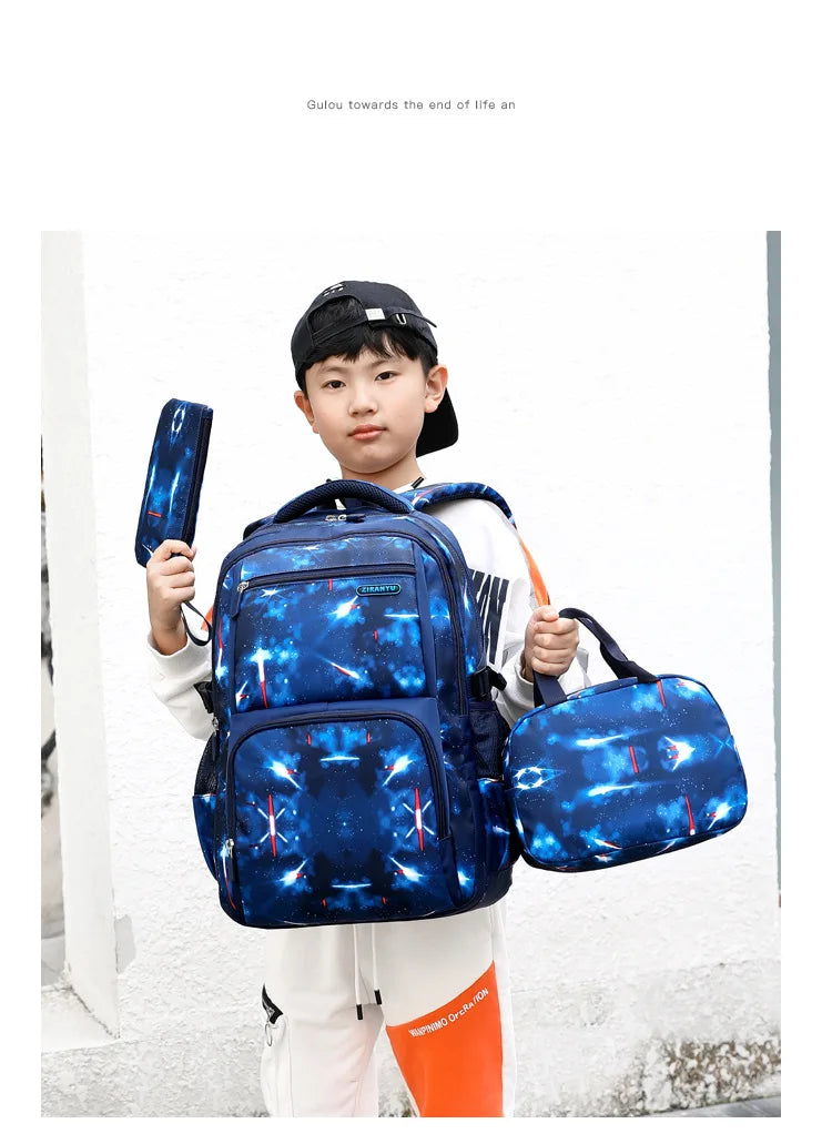 Nuevo conjunto de 3 uds de mochilas para niños, bolso escolar con patrón de cielo estrellado para estudiantes, bolso escolar impermeable con bolsa de almuerzo, estuche para lápices