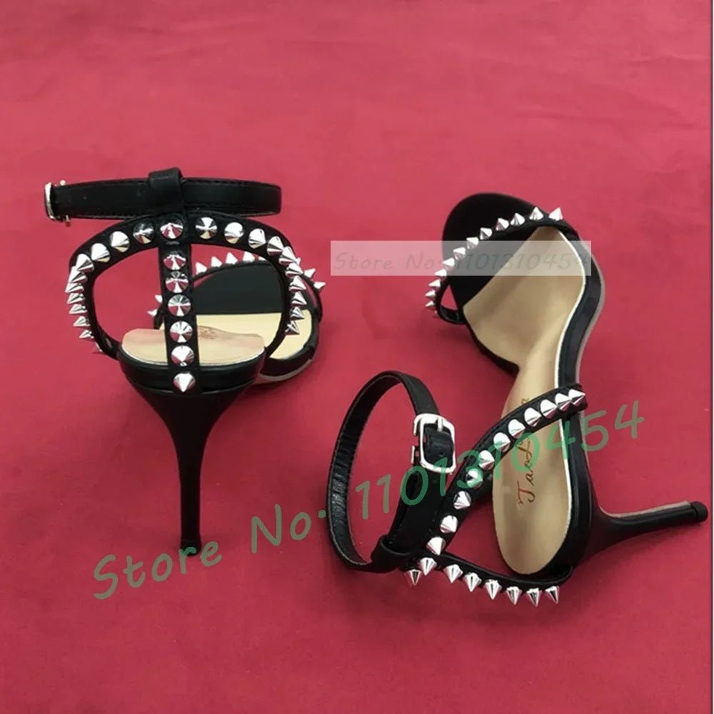Sandalias con remaches de Metal y correa en el tobillo para mujer, zapatos de tacón alto con plantilla roja, cómodos y sexys, para fiesta, Verano