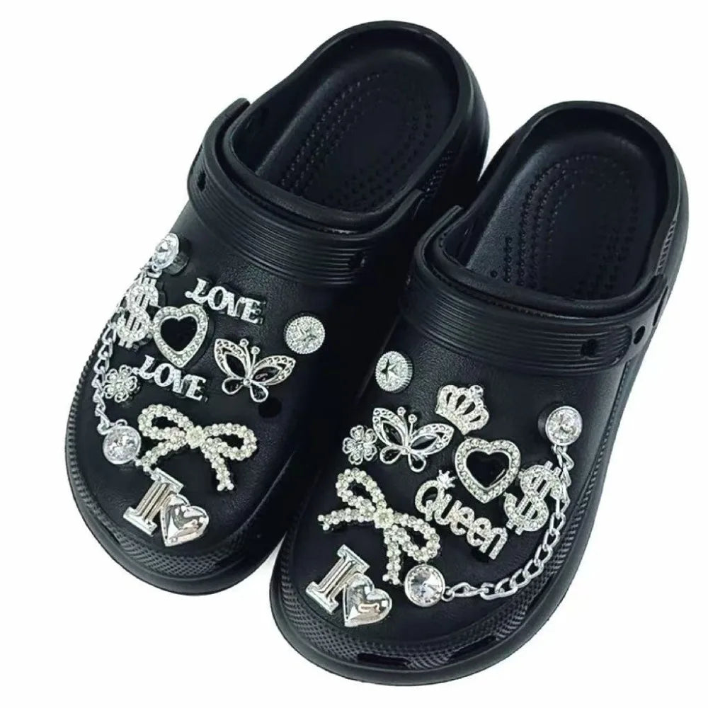 Juego de 20 piezas de dijes para zapatos, corona plateada, letra, mariposa, cadena de diamantes, decoraciones para zapatos, hebilla para sandalias, zuecos, accesorios DIY, regalo