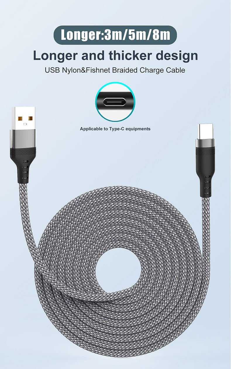 Cable de carga USB tipo C 6A para Huawei USB C extendido 1m 2m 3m 5m Cable de 8 metros para Xiaomi Vivo Leeco OnePlus Oppo