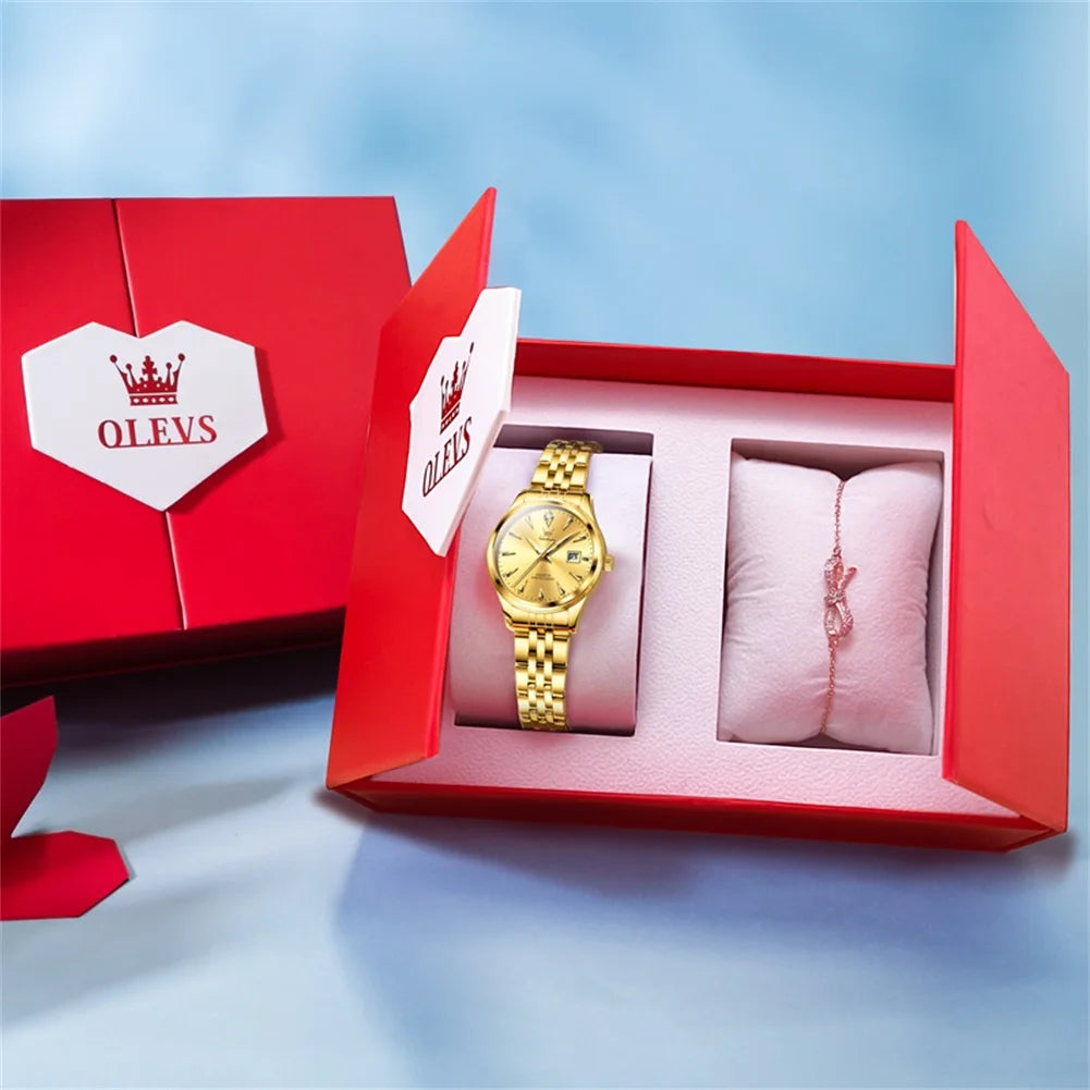 OLEVS-Reloj de cuarzo para mujer, cronógrafo sencillo, elegante y Original, resistente al agua, luminoso, con fecha, caja de regalo roja