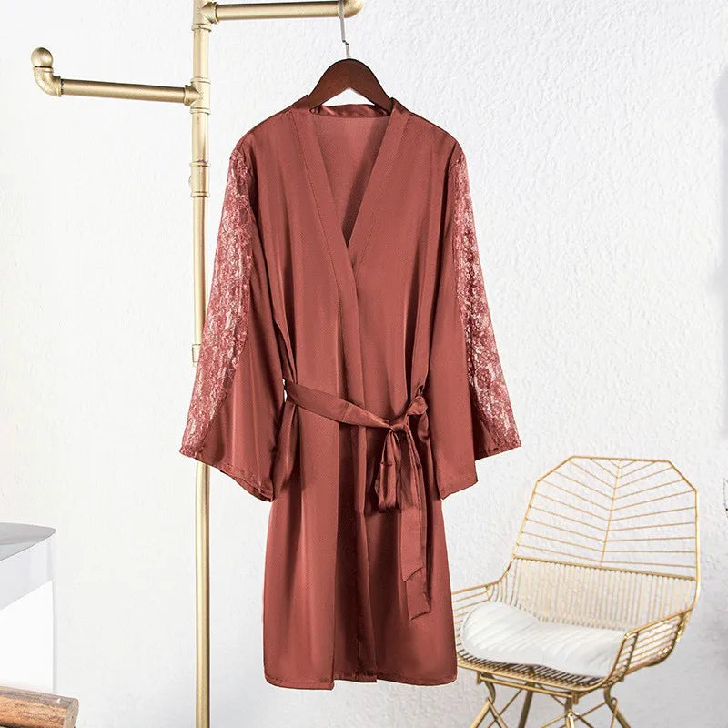 Sexy Intimate Lingerie Perspective Nightwear Lace Patchwork Home Wear Robe Suit Lady Kimono Gown Sleepwear Satin Nighty Bathrobe