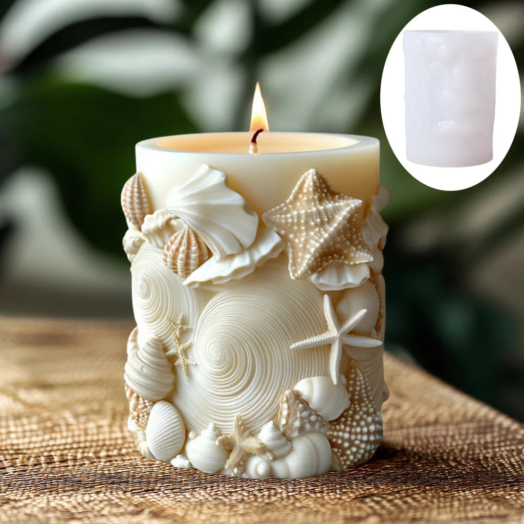 DIY estilo océano vela cilíndrica en relieve molde de silicona estrella de mar concha molde de resina cilíndrica ondas vieira moldes de yeso coral