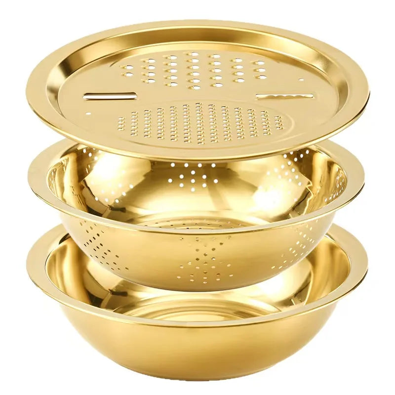 Juego de 3 Utensilios de Cocina de Acero Inoxidable, Tazón para Mezclar Multifuncional, Cortador de Verduras, Pelador de Frutas