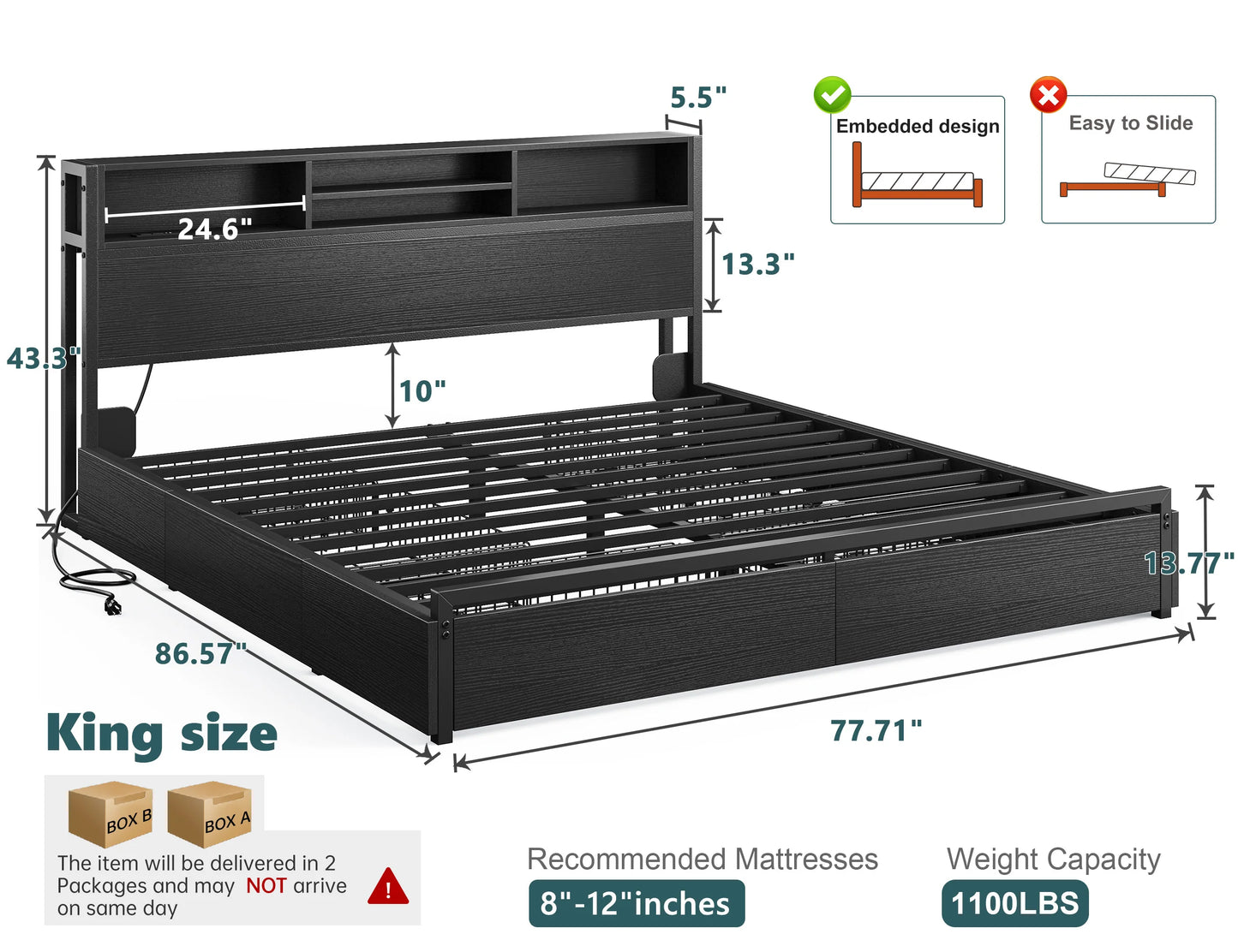 EnHomee - Base de Cama Matrimonial/Queen/King con 6 Cajones de Almacenamiento y Estación de Carga, Base de Cama de Plataforma Metálica con Cabecera con Librero, Sin Ruido