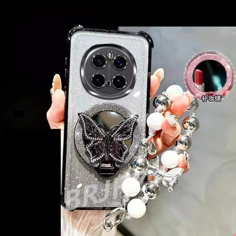 Funda Magnética Antigolpes con Espejo para Realme 14 13 12 Pro Plus C75 C71 C65 C63 C55 C53 C51, Soporte para Teléfono con Diseño de Mariposa y Correa de Pulsera