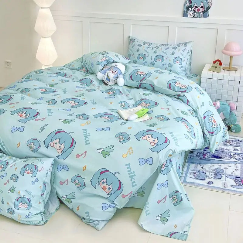 Nuevo Juego de cama Miku de 4 piezas totalmente de algodón para niñas, sábanas bonitas de dibujos animados de Anime, juego de cama para dormitorio de estudiantes, fundas de almohada, funda nórdica