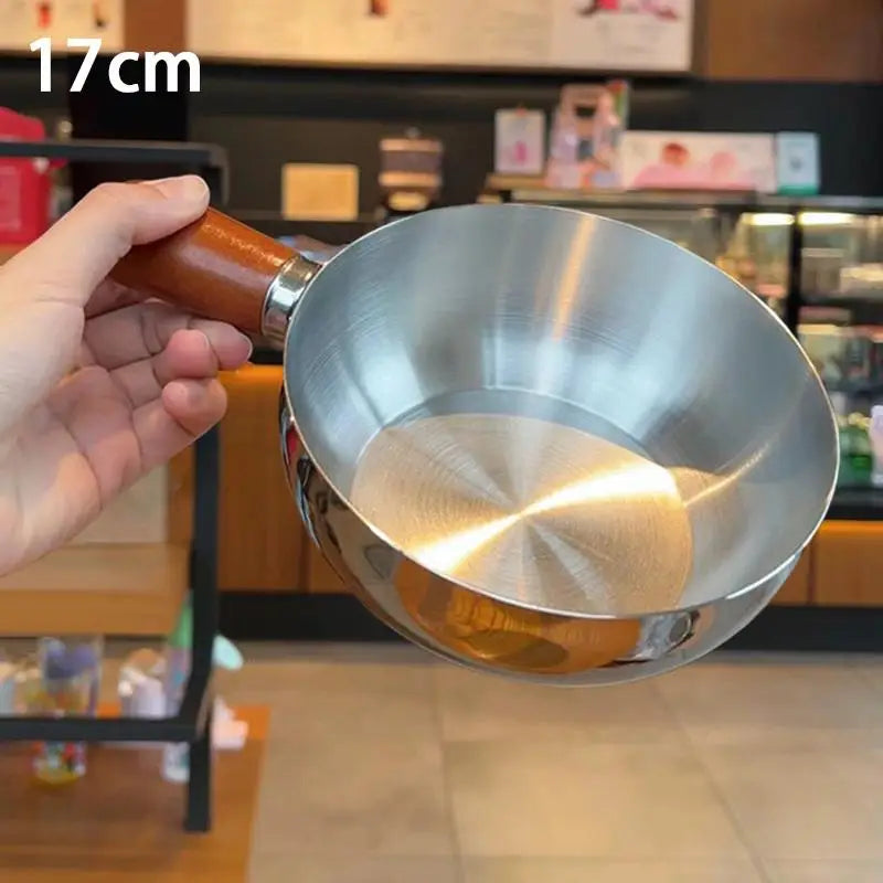 【A】Sartenes de cocina de acero inoxidable de 17 cm/14 cm con mango de madera y tapa de vidrio - Ollas pequeñas multiusos para fideos y huevos