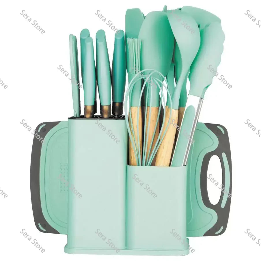 Juego de Utensilios de Cocina de Silicona de 19 Piezas, Sartén Antiadherente, Espátula para Cocinar con Cubo de Almacenamiento, Juego Combinado de Cuchillos