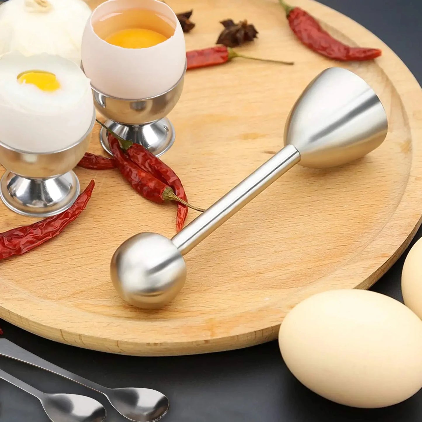 Abridor de huevos creativo, abridor de cáscara de huevo con bandeja para huevos y cucharas, herramienta de desayuno con apertura de acero inoxidable, accesorios de cocina