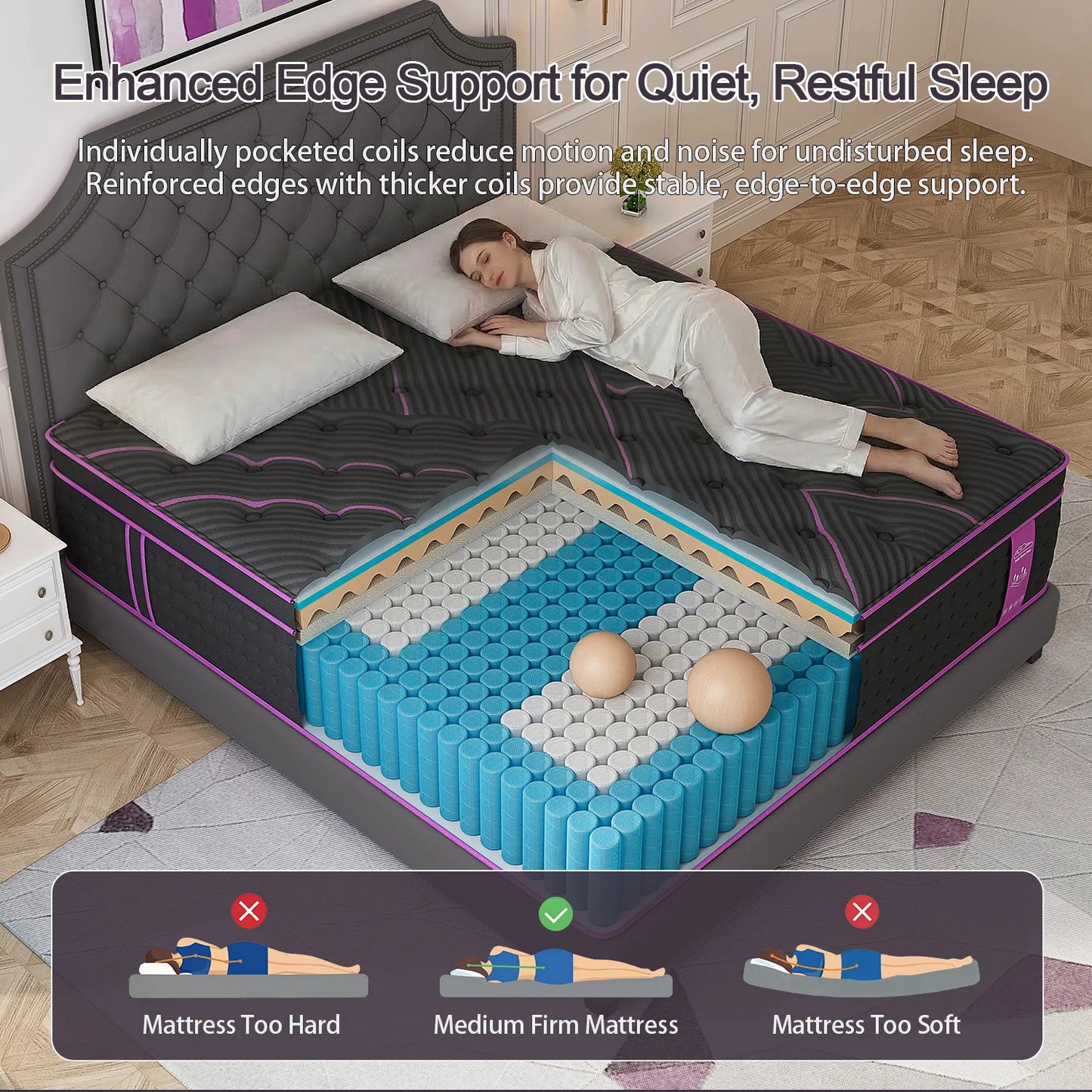 Medium Firm Hybrid Mattress in a Box 12/14 Inch Gel Memory Foam Pocket Spring Fiberglass-Free Cooling Motion Isolation