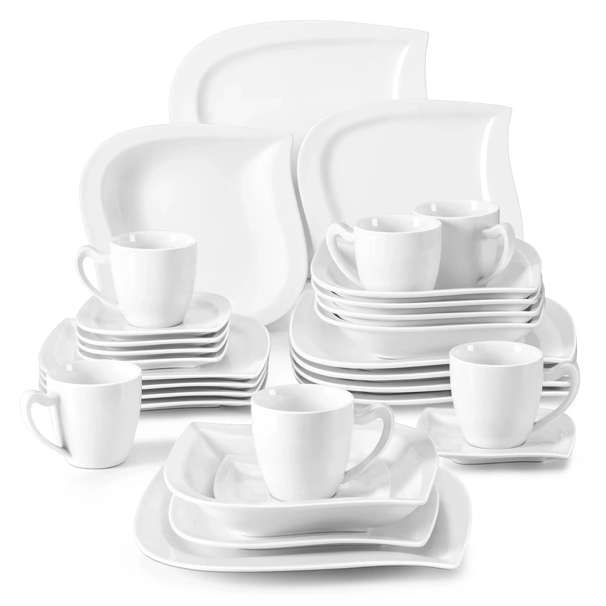MALACASA-Juego de vajilla de porcelana blanca, juego de tazas, platillos, platos de cena, postre, sopa, servicio de vajilla para 30/60, 6/12 piezas
