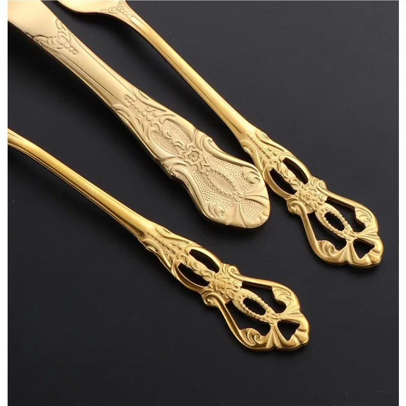 Juego de vajilla dorada de 24 piezas, juego de cubiertos de acero inoxidable, juego de cuchillos, tenedores y cucharas, juego de cubiertos, cuchillo, tenedor, cuchara, cuchara de té.
