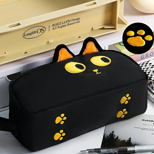 Lindo estuche para lápices de gato negro 3D, útiles escolares de poliéster de gran capacidad, lindo regalo para amantes de los gatos para estudiantes y oficina (diseño de pata)
