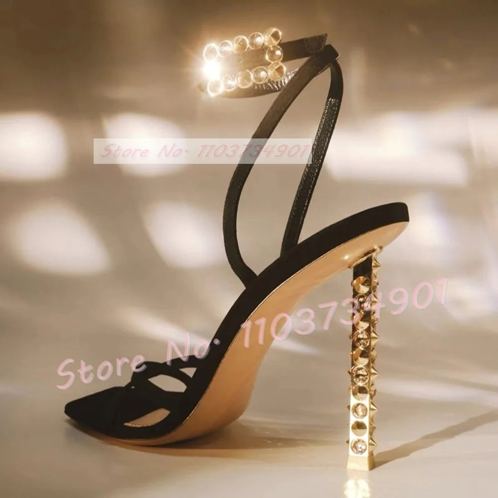 Sandalias de tacón de Metal con remaches para mujer, zapatos de tacón de aguja con hebilla de cinturón, punta cuadrada, correa en el tobillo, sandalias elegantes de fiesta de lujo Sexy