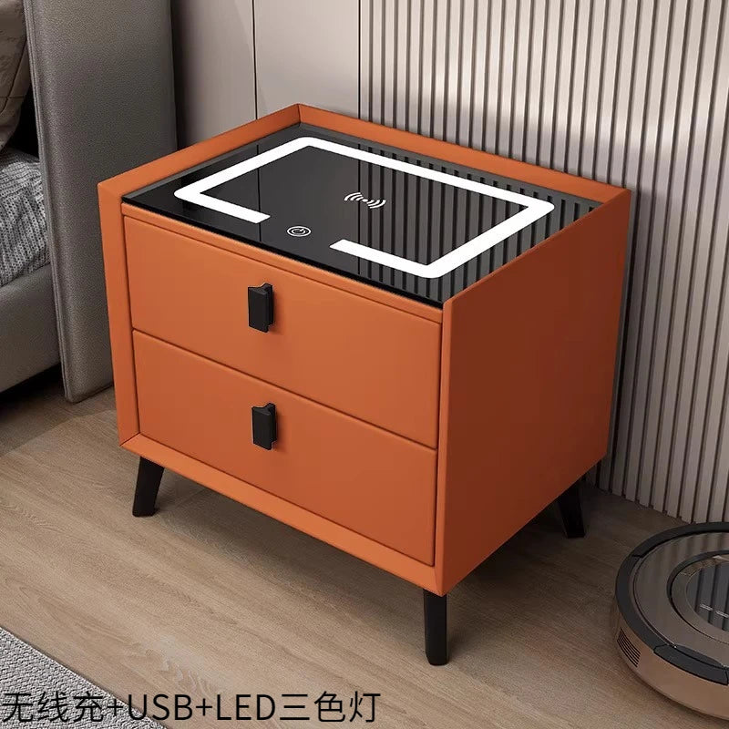 Mesita de noche de madera inteligente con altavoz cargador inalámbrico, mesita de noche minimalista moderna de dos cajones, muebles multifuncionales para el hogar