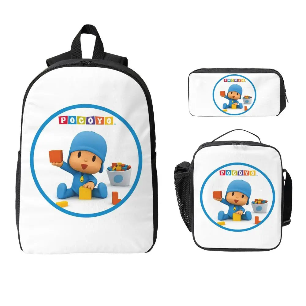 Mochila azul de dibujos animados de Pocoyo para niños, mochila escolar, bolsos de hombro para ordenador, bolsa de almuerzo aislada de 3 piezas, estuche para lápices