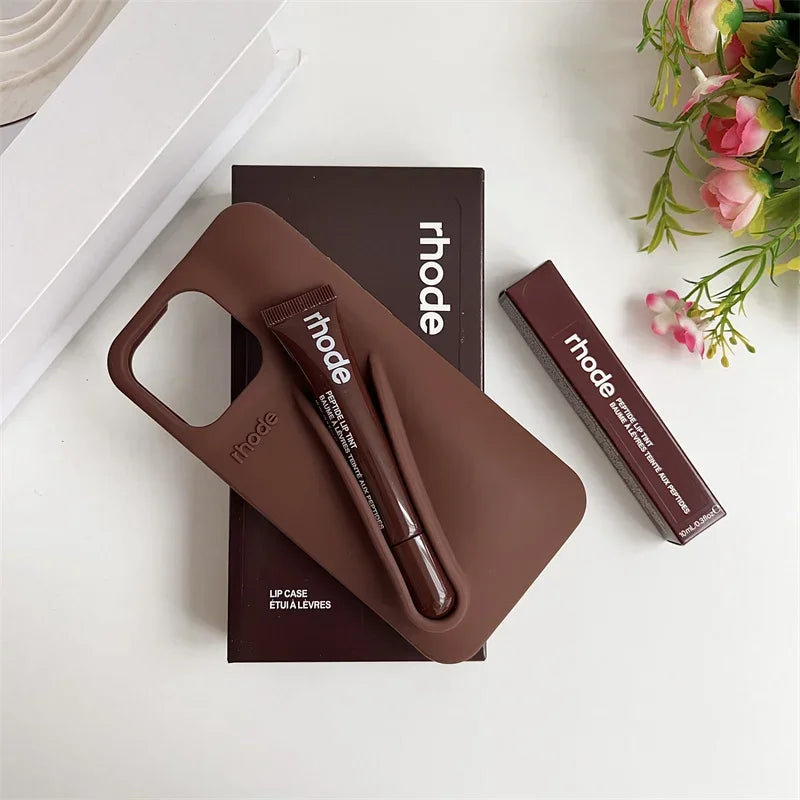 Maquillaje Rhode con caja, soporte para lápiz labial, funda de teléfono para IPhone17 Air 11 12 13 14 15 16 Pro Max Plus, funda suave de silicona para brillo de labios