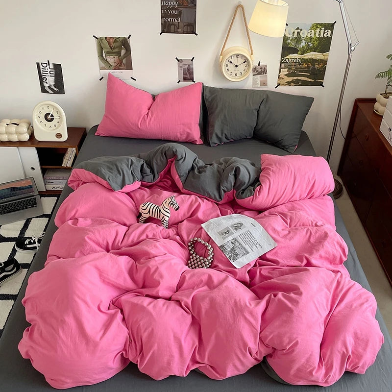 Funda nórdica de poliéster para dormitorio, juego de ropa de cama de 3 piezas, Color liso, rosa y gris, 2 fundas de almohada